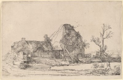 Domki i budynki gospodarcze z mężczyzną szkicującym autorstwa Rembrandt van Rijn