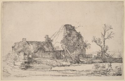 Domki letniskowe i budynki gospodarcze z rysunkiem przedstawiającym mężczyznę autorstwa Rembrandt van Rijn