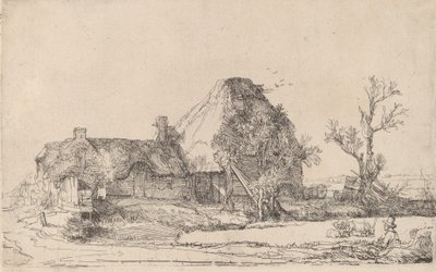 Chaty i zabudowania gospodarcze z rysunkiem mężczyzny, ok. 1930 r. 1645. autorstwa Rembrandt van Rijn