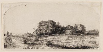 Domki i stodoła na siano na Diemerdijk ze stadem owiec autorstwa Rembrandt van Rijn