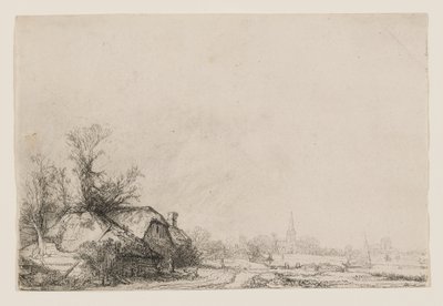 Domki nad kanałem z kościołem i żaglówką autorstwa Rembrandt van Rijn