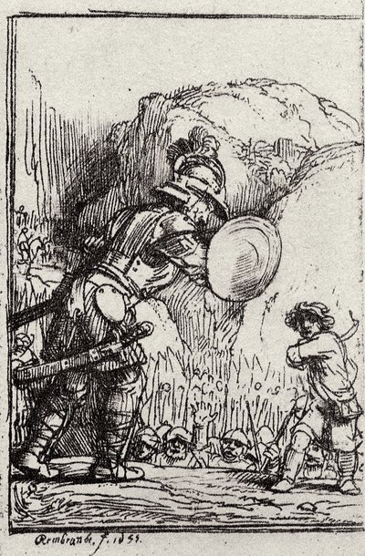 Dawid i Goliat. Ilustracja do Piedra gloriosa autorstwa Menasseha ben Israela autorstwa Rembrandt van Rijn