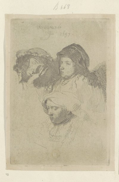 Trzy kobiece głowy, jedna śpiąca Recueil de quatre-vingt-cinq estampes originales (tytuł serii) autorstwa Rembrandt van Rijn