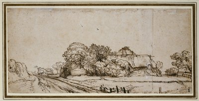 Budynki gospodarcze przy drodze (pióro i brązowy tusz z brązowym lakierem) autorstwa Rembrandt van Rijn