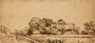 Zabudowania gospodarcze przy drodze, połowa XVII w., autorstwa Rembrandt van Rijn