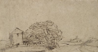 Budynek gospodarczy przy drodze z odległym gospodarstwem, 1650-69 (pióro i brązowy atrament z szarym praniem na papierze) autorstwa Rembrandt van Rijn