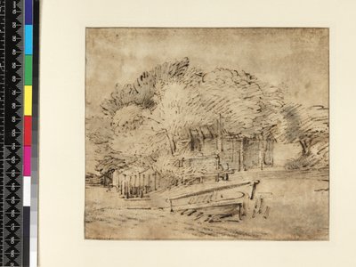 Dom wiejski pod drzewami, z kładką, ok. 1650 (pióro i atrament z praniem na papierze) autorstwa Rembrandt van Rijn