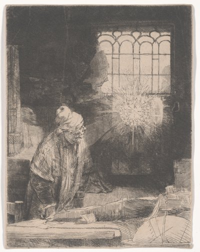 Faust w swoim gabinecie oglądając magiczny dysk lub Uczony w swoim gabinecie, ok. 1652 r. autorstwa Rembrandt van Rijn