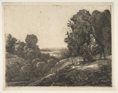 Ucieczka do Egiptu: przemieniona z Tobiasza i Anioła przez Herkulesa Segersa, ca. 1653. autorstwa Rembrandt van Rijn