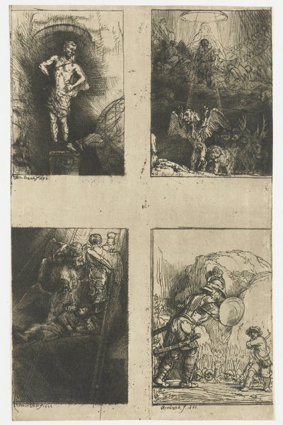 Cztery ilustracje do „Piedra Gloriosa” Menasseha Ben Israela Obraz widziany przez Nabuchodonozora Drabina Jakuba Dawid i Goliat Wizja Daniela o czterech bestiach autorstwa Rembrandt van Rijn