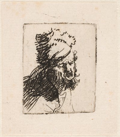 Głowa mężczyzny w futrzanej czapce, krzycząca autorstwa Rembrandt van Rijn