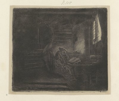 Hieronymus w een donker studeervertrek Kolekcja osiemdziesięciu pięciu oryginalnych grafik (tytuł serii) autorstwa Rembrandt van Rijn