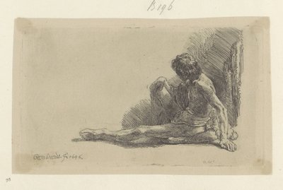 Młody mężczyzna siedzący na podłodze z jedną nogą wyprostowaną Recueil de quatre-vingt-cinq estampes originales (tytuł serii) autorstwa Rembrandt van Rijn