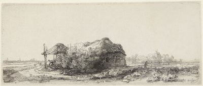 Krajobraz z domkami i stodołą na siano autorstwa Rembrandt van Rijn