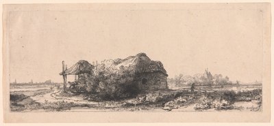 Krajobraz z domkami i stodołą na siano: podłużny autorstwa Rembrandt van Rijn