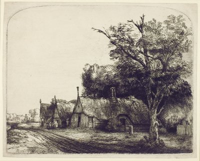 Krajobraz z dwuspadowymi domkami przy drodze, 1650 (akwaforta i suchy punkt na papierze) autorstwa Rembrandt van Rijn