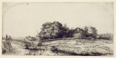Pejzaż ze stodołą i stadem owiec, ok. 1652 (akwaforta i suchy punkt na papierze) autorstwa Rembrandt van Rijn