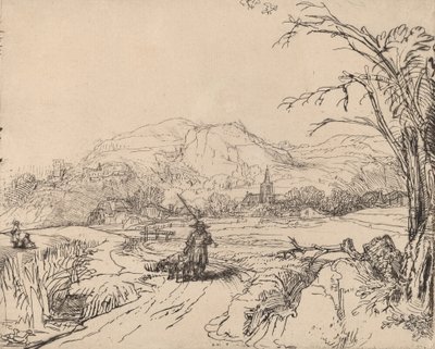 Pejzaż ze sportowcem i psem, ok. godz. 1653. autorstwa Rembrandt van Rijn