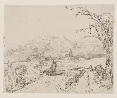 Pejzaż z myśliwym i psami autorstwa Rembrandt van Rijn