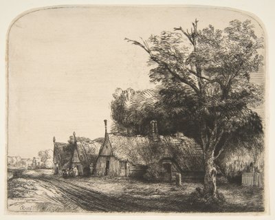 Krajobraz z trzema dwuspadowymi domkami przy drodze, 1650. autorstwa Rembrandt van Rijn