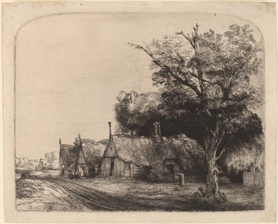 Krajobraz z trzema szczytowymi domkami przy drodze autorstwa Rembrandt van Rijn