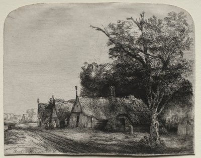 Krajobraz z trzema szczytowymi domkami przy drodze autorstwa Rembrandt van Rijn
