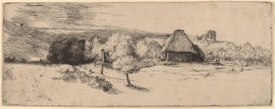 Krajobraz z drzewami, budynkami gospodarczymi i wieżą autorstwa Rembrandt van Rijn