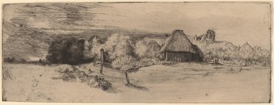 Krajobraz z drzewami, budynkami gospodarczymi i wieżą autorstwa Rembrandt van Rijn