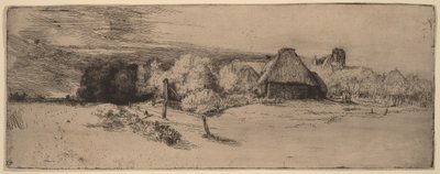 Krajobraz z drzewami, budynkami gospodarczymi i wieżą autorstwa Rembrandt van Rijn