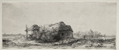 Krajobraz z chatą i stodołą na siano: podłużny autorstwa Rembrandt van Rijn