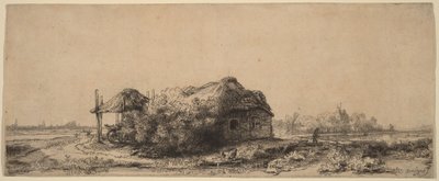 Pejzaż z chatą i stodołą na siano: prostokątny autorstwa Rembrandt van Rijn