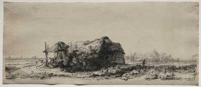 Krajobraz z chatą i stodołą na siano: Oblong, 1641. autorstwa Rembrandt van Rijn