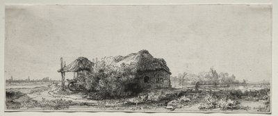 Krajobraz z chatą i stodołą na siano: Oblong, 1641. autorstwa Rembrandt van Rijn