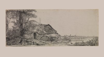 Krajobraz z domkiem i dużym drzewem autorstwa Rembrandt van Rijn