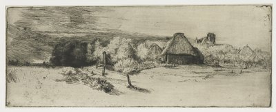 Krajobraz z budynkiem gospodarczym i domem z wieżą Krajobraz z budynkiem gospodarczym i „domem z wieżą” autorstwa Rembrandt van Rijn
