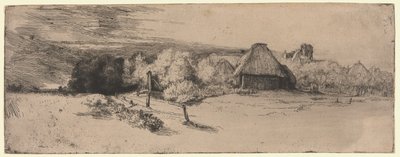 Krajobraz z budynkiem gospodarczym i „Domem z wieżą” autorstwa Rembrandt van Rijn
