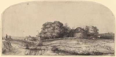 Krajobraz ze stodołą na siano i stadem owiec autorstwa Rembrandt van Rijn