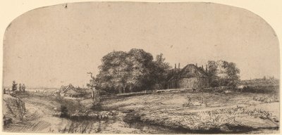 Krajobraz ze stodołą na siano i stadem owiec autorstwa Rembrandt van Rijn