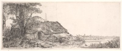 Krajobraz z domkiem i dużym drzewem autorstwa Rembrandt van Rijn