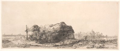 Pejzaż z chatą i stodołą na siano: podłużny autorstwa Rembrandt van Rijn