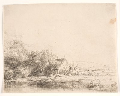 Krajobraz z krową pijąca wodę autorstwa Rembrandt van Rijn