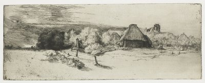 Krajobraz z budynkiem gospodarczym i „domem z wieżą” autorstwa Rembrandt van Rijn