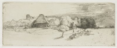 Krajobraz z budynkiem gospodarczym i „domem z wieżą” autorstwa Rembrandt van Rijn