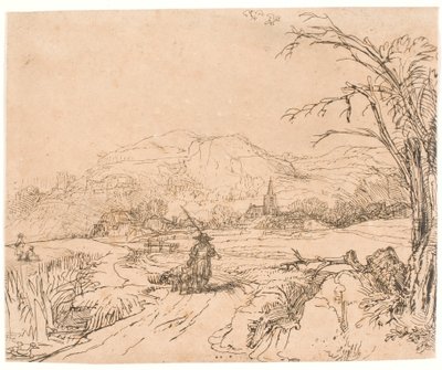 Krajobraz ze sportowcem i psami autorstwa Rembrandt van Rijn