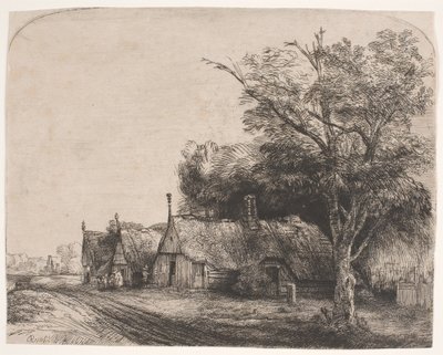Krajobraz z trzema dwuspadowymi domkami przy drodze autorstwa Rembrandt van Rijn