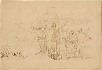 Lot i jego rodzina opuszczają Sodomę autorstwa Rembrandt van Rijn