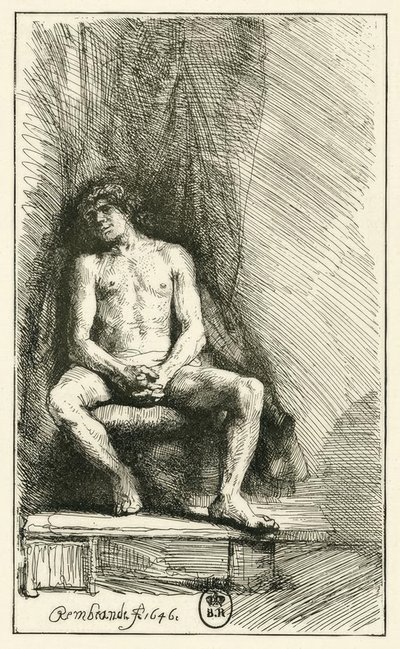 Akt męski, siedzący autorstwa Rembrandt van Rijn
