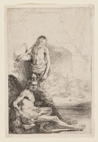 Mężczyzna nago w pozycji siedzącej i stojącej autorstwa Rembrandt van Rijn