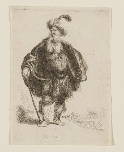 Mężczyzna stojący w orientalnym stroju i futrzanej czapce z piórami autorstwa Rembrandt van Rijn