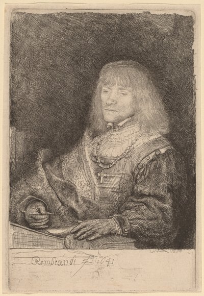 Mężczyzna przy biurku z krzyżem i łańcuchem autorstwa Rembrandt van Rijn